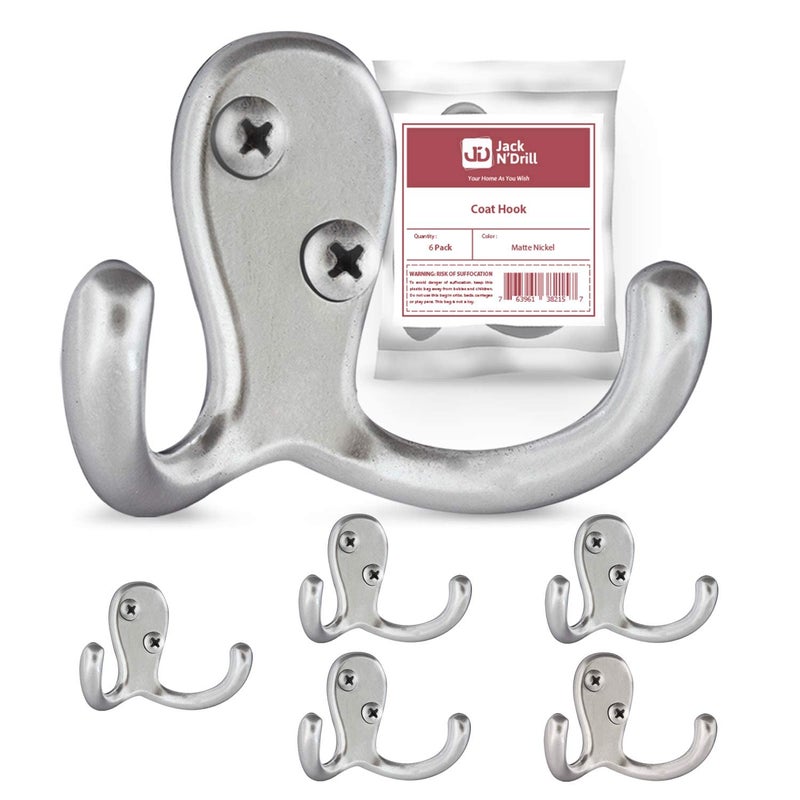 JD Jack N'Drill Jack Nâ€™ Drill Coat Hook 5+1 Pack in Matte Nickel, Heavy Duty and Easy to Install Two-Prong Wall Hooks for Towels, Coats, Hats, Bags and Robes Ideal for Use at Home, Kitchen, Bathroom and Office - Image 1